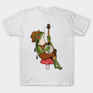 Tattoo Art Sad Frog on toadstool with banjo T-Shirt